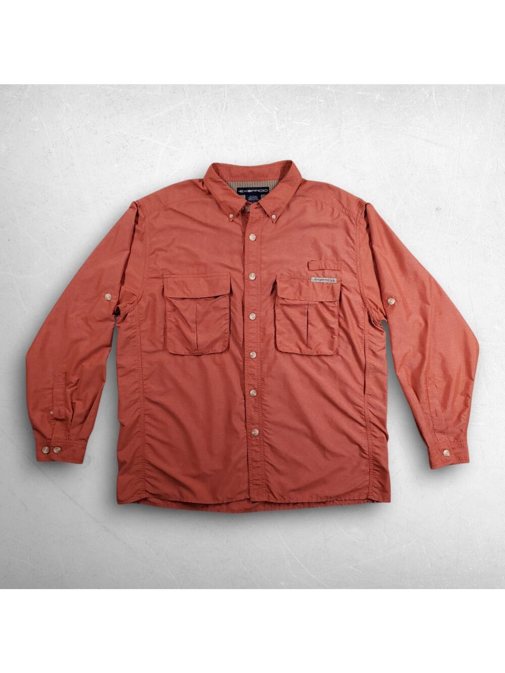 ExOfficio Vented Peformance Adventure Shirt Men L Orange Long Sleeve Fish Hiking